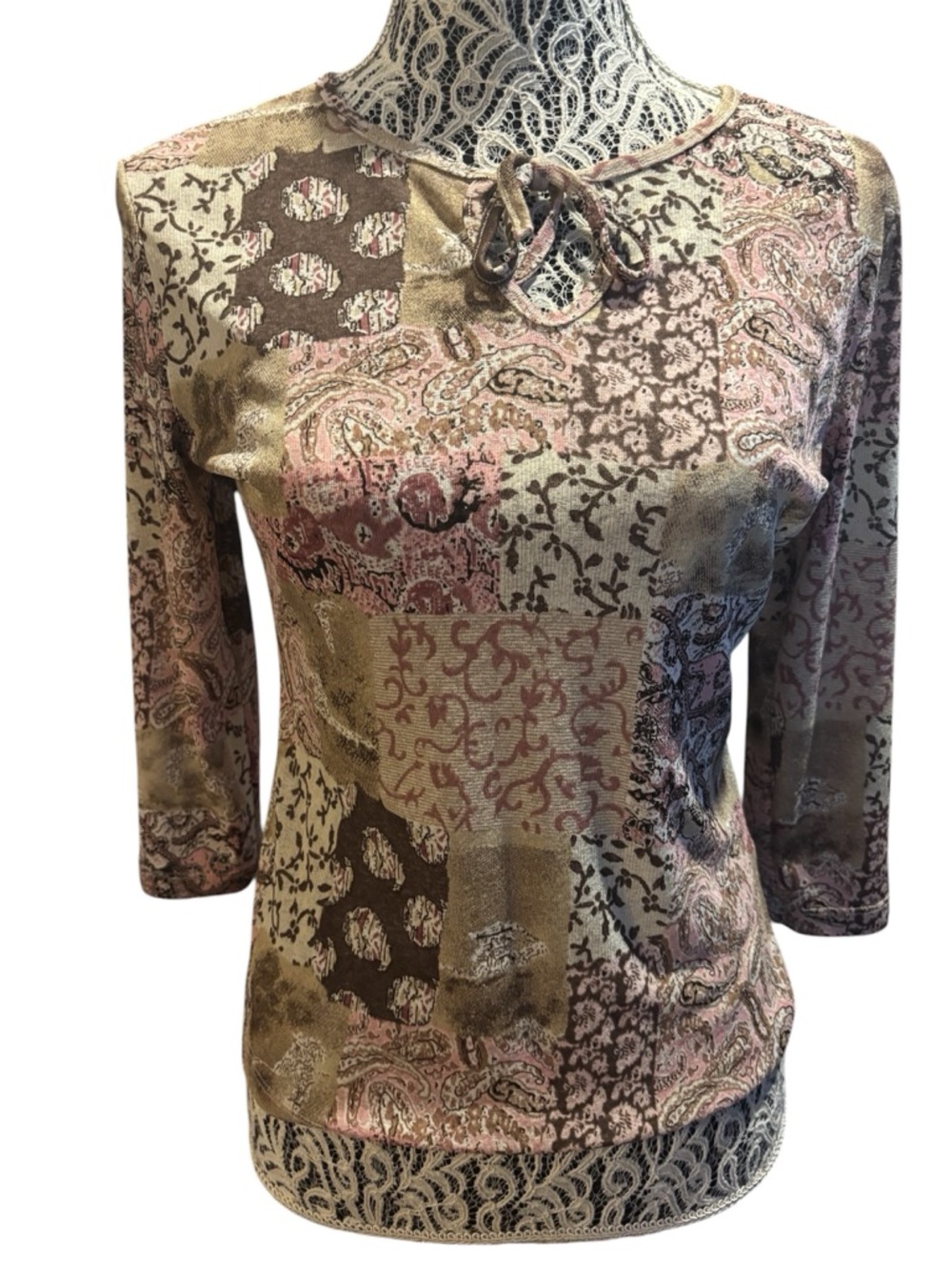 90s Patchwork Print Long Sleeve Tee - Pink & Brown